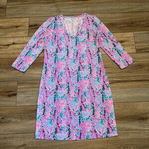 Lilly Pulitzer Tessa 3/4 Sleeve V Neck Dress SZ Medium Seaweed Samba Blue Pink